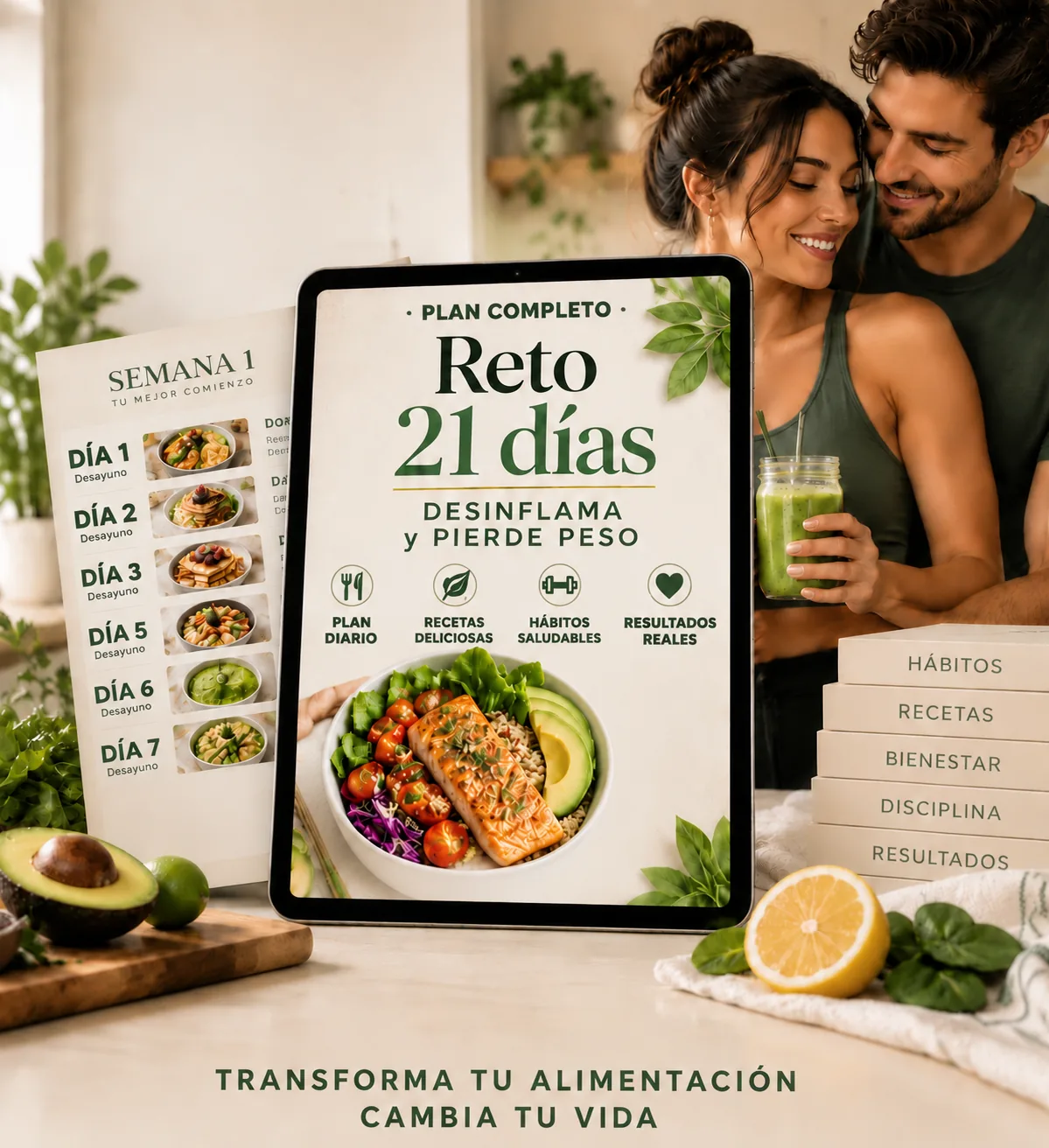 Reto 21 días: Desinflama y Pierde Peso — plan completo mostrado en tablet junto a guías impresas